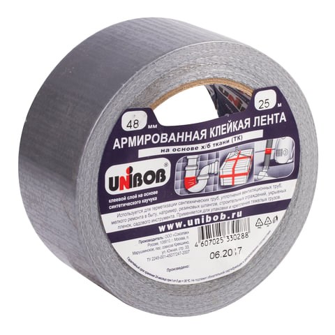 Клейкая лента АРМИРОВАННАЯ 48 мм х 25 м, ТКАНЕВАЯ ОСНОВА, прочная, европодвес, UNIBOB, 29836 600855