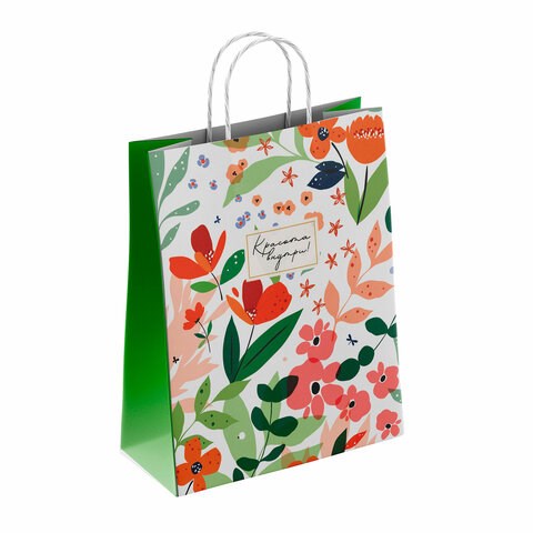 Крафт-пакет бумажный "Красота внутри" 26х15х35 см, с кручеными ручками, плотность 100 г/м2, белый, 113563 701010