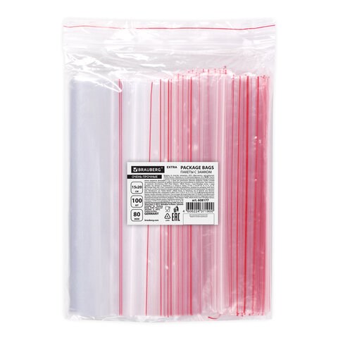 Пакеты ZIP LOCK "зиплок" ОЧЕНЬ ПРОЧНЫЕ, комплект 100 шт., 150х200 мм, ПВД 80 мкм, BRAUBERG EXTRA, 608177 608177