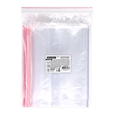 Пакеты ZIP LOCK "зиплок" ПРОЧНЫЕ, комплект 100 шт., 250х350 мм, ПВД, 60 мкм, BRAUBERG EXTRA, 608175 608175