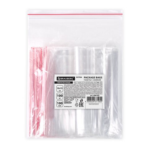 Пакеты ZIP LOCK "зиплок" СВЕРХПРОЧНЫЕ, комплект 100 шт., 100х150 мм, ПВД, 100 мкм, BRAUBERG EXTRA, 608182 608182