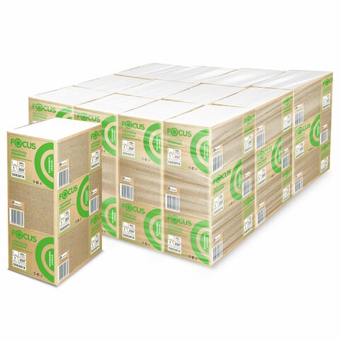 Полотенца бумажные 250 шт. FOCUS (Система H2) Eco, 1-слойные, белые, КОМПЛЕКТ 12 пачек, 24х21,5, Z-сложение, 5083814/5069958 112154
