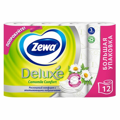 Бумага туалетная 3-х слойная 12 рулонов (12х18 м), С АРОМАТОМ РОМАШКИ, ZEWA Deluxe, 53613 114753