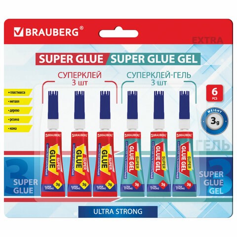 Клей-Гель моментальный 3 шт. по 3 г + Суперклей 3 шт. по 3 г, НАБОР 6 тюбиков, BRAUBERG EXTRA, 608108 608108