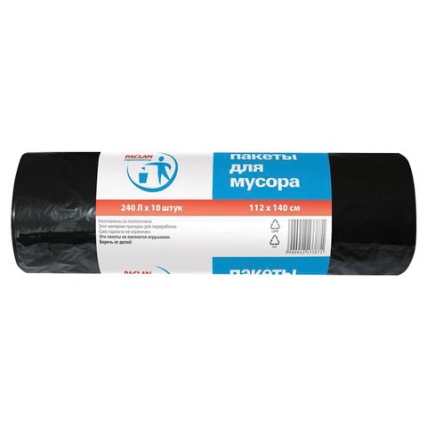 Мешки для мусора 240 л, черные, в рулоне 10 шт., ПВД, 30 мкм, 112х140 см, PACLAN Professional, 1338717 606336
