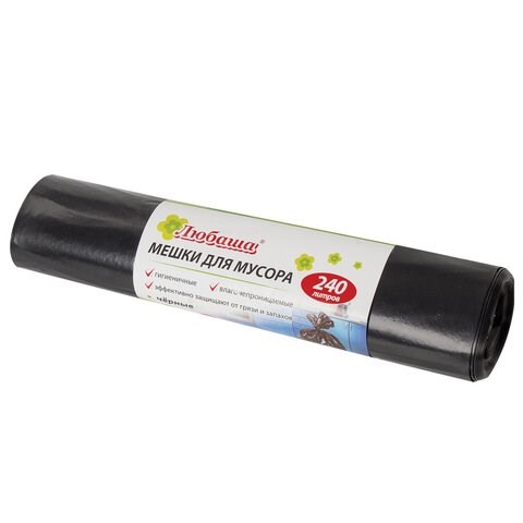 Мешки для мусора 240 л, черные, в рулоне 5 шт., ПВД 30 мкм, 90х130 см, ЛЮБАША эконом, 605338 605338