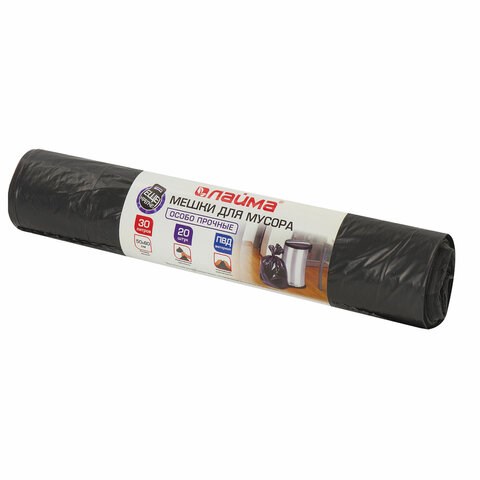 Мешки для мусора 30 л, черные, в рулоне 20 шт., особо прочные, ПВД 20 мкм, 50х60 см, LAIMA, 605330 605330