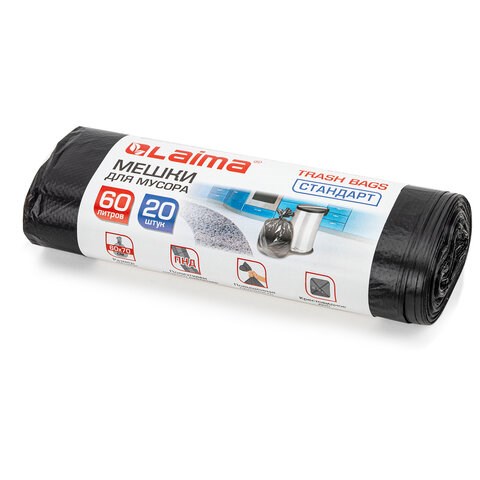 Мешки для мусора 60 л, черные, в рулоне 20 шт., ПНД 10 мкм, 60х70 см, LAIMA стандарт, 601381 601381