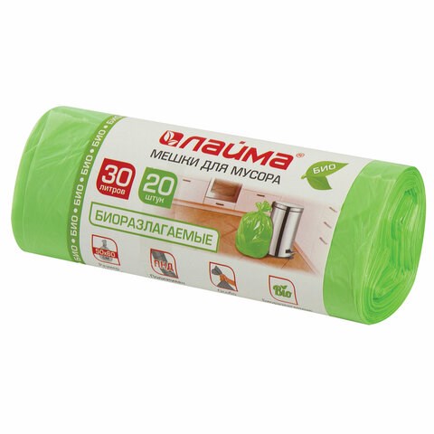 Мешки для мусора биоразлагаемые 30 л зеленые в рулоне 20 шт. прочные, ПНД 10 мкм, 50х60 см, LAIMA, 601400 601400