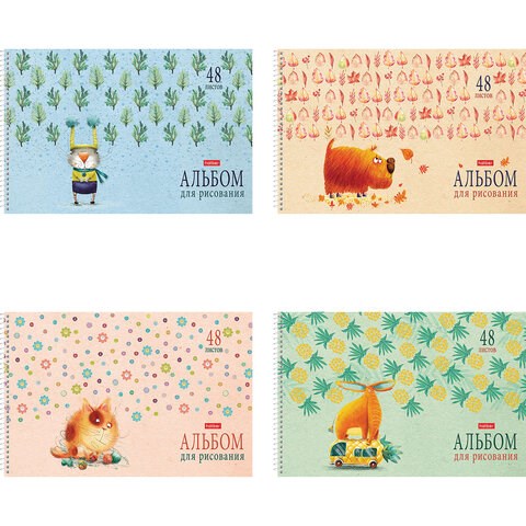 Альбом для рисования А4 48 л., спираль, обложка картон, HATBER, 205х290 мм, "Счастливчики" (4 вида), 067355, 48А4Всп 113084