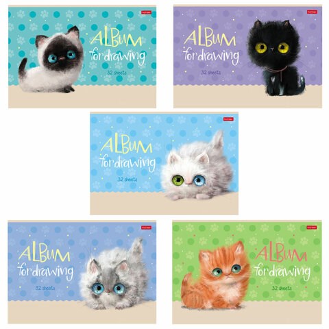 Альбом для рисования, А4, 32 л., скоба, обложка картон, ламинация, HATBER, 205х290 мм, "Кошарики", 074721, 32А4лВ 106532