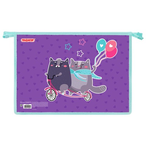 Папка для тетрадей ПИФАГОР А4, 1 отделение, картон/пластик, на молнии, "Bike cats", 272125 272125