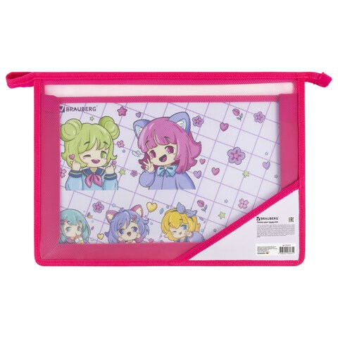 Папка для труда BRAUBERG А4, 2 отделения, пластик, молния сверху, органайзер, "Anime party", 272214 272214