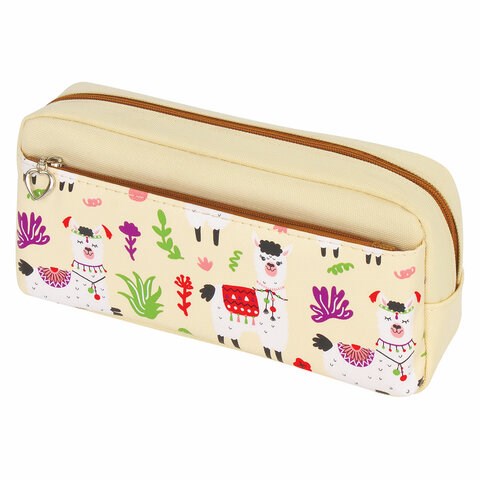 Пенал мягкий ЮНЛАНДИЯ, 2 отделения, полиэстер, "Llama", бежевый, 20х6х9 см, 228981 228981