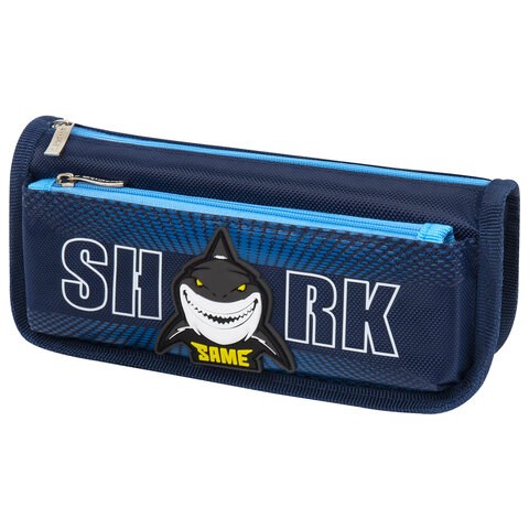 Пенал мягкий ЮНЛАНДИЯ, 2 отделения, полиэстер, "Shark", синий, 21х6х9 см, 270272 270272