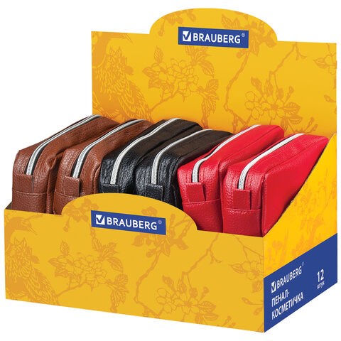 Пенал-косметичка BRAUBERG под фактурную кожу, ассорти, коричневый, красный, черный, "Идеал", 19х9х4 см, дисплей, 224035 224035