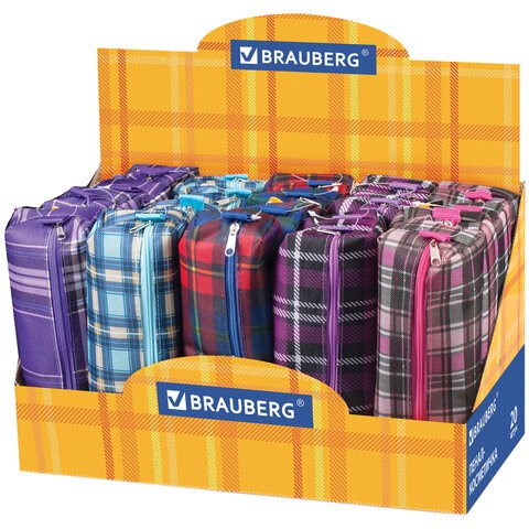 Пенал-косметичка BRAUBERG полиэстер, ассорти 5 цветов, "Шотландия", 20х6х4 см, дисплей, 223897 223897
