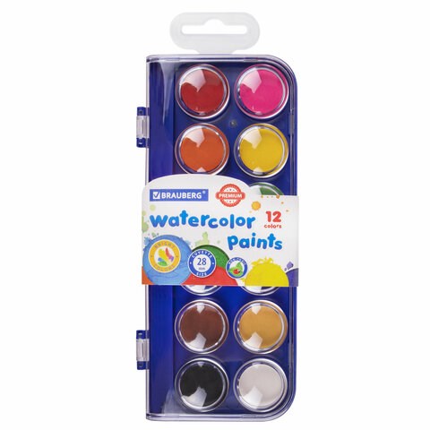 Краски акварельные BRAUBERG "PREMIUM" 12 цветов, круглые кюветы 28 мм, пенал, 191743 191743