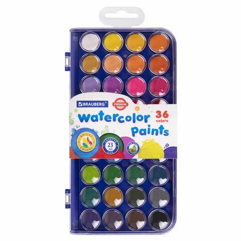Краски акварельные BRAUBERG "PREMIUM" 36 цветов, круглые кюветы 23 мм, пенал, 191746 191746