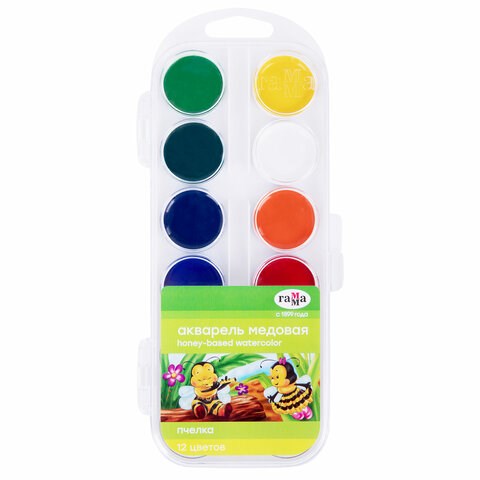 Краски акварельные ГАММА "Пчелка", 12 цветов, медовые, пластиковая коробка, европодвес, 212040 190318