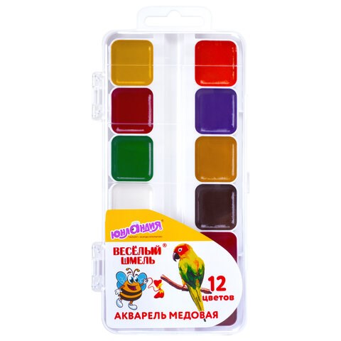 Краски акварельные ЮНЛАНДИЯ "ВЕСЁЛЫЙ ШМЕЛЬ", медовые, 12 цветов, квадратные кюветы, пластик, 192362 192362