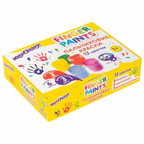 Краски пальчиковые для малышей от 1 года, 12 цветов (6 базовых + 3 пастельных + 3 флуоресцентных) по 35 мл, ЮНЛАНДИЯ, 192570 192570