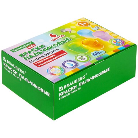 Краски пальчиковые для малышей от 1 года, 6 цветов (3 пастельных + 3 флуоресцентных) по 40 мл, BRAUBERG KIDS, 192400 192400