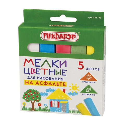 Мел для рисования на асфальте 5 штук, цветной квадратный, ПИФАГОР, картонная упаковка, европодвес, 221170 221170
