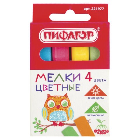 Мел цветной квадратный 4 штуки, ПИФАГОР, картонная упаковка, европодвес, 221977 221977