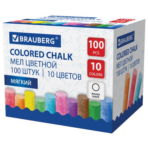 Мел цветной круглый мягкий 100 штук, 10 цветов, BRAUBERG, картонная упаковка, 272769 272769