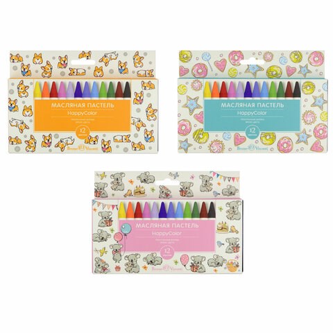 Мелки пастельные BRUNO VISCONTI HappyColor, масляная основа, 10,4 мм, 12 цветов (3 вида), 31-0006/01 272952
