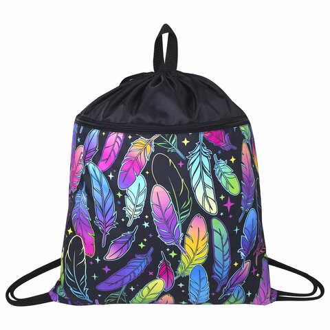 Мешок для обуви BRAUBERG БОЛЬШОЙ, с ручкой, карман на молнии, сетка, 49х41 см, "Feathers", 271057 271057