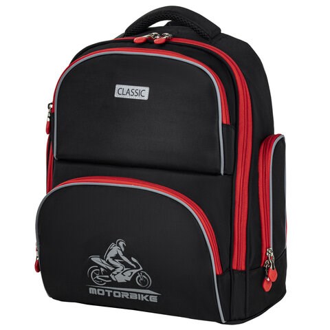 Рюкзак BRAUBERG CLASSIC, легкий каркас, премиум материал, "Motorbike", черный, 37x32х21 см, 270583 270583