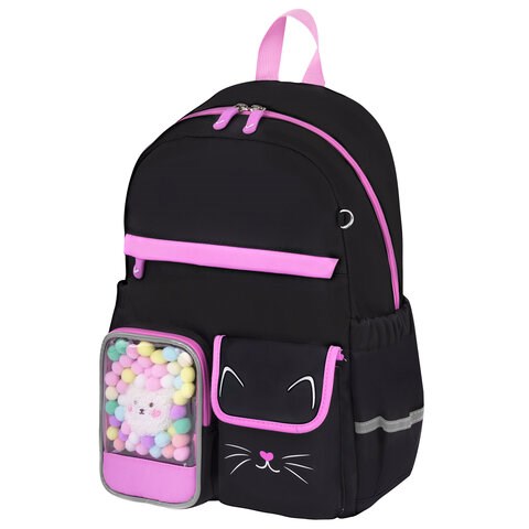 Рюкзак BRAUBERG PASTEL с термонашивками в комплекте, "Black kitty", черный, 40х29х14 см, 273128 273128