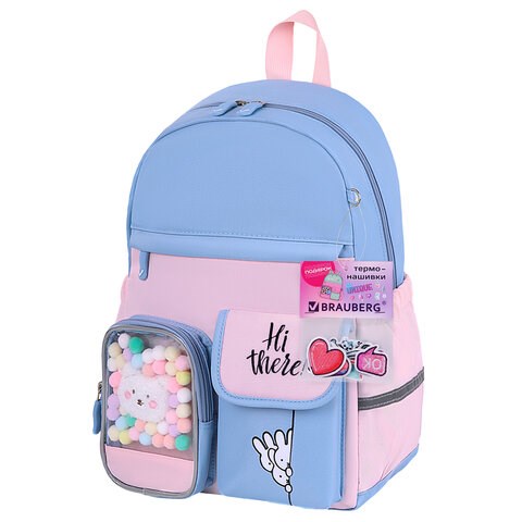 Рюкзак BRAUBERG PASTEL с термонашивками в комплекте, "Friendly bunnies", голубой, 40х29х14 см, 271423 271423