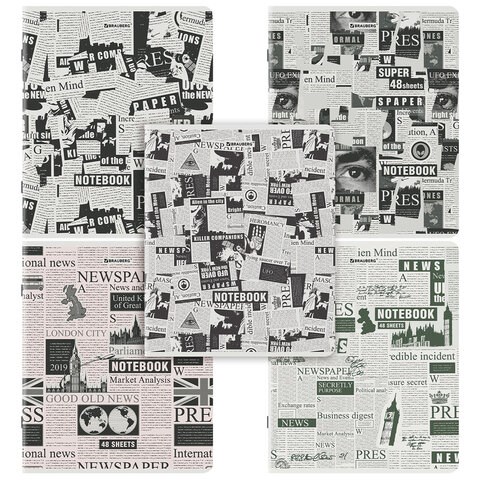 Тетрадь А5, 48 л., BRAUBERG, скоба, клетка, TWIN-лак, "Газета" (микс в спайке), 404356 404356