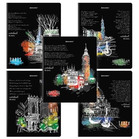 Тетрадь А5, 48 л., BRAUBERG, скоба, клетка, глянцевый лак, "Города" (микс в спайке), 404346 404346