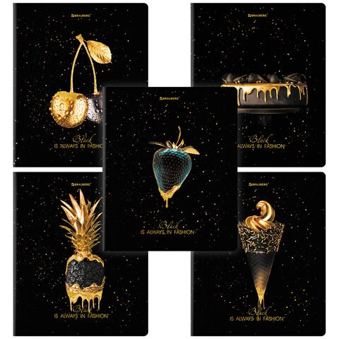 Тетрадь А5, 48 л., BRAUBERG, скоба, клетка, матовая ламинация, фольга, "Black&Gold" (микс в спайке), 404370 404370