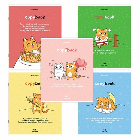 Тетрадь А5, 48 л., BRAUBERG, скоба, клетка, обложка картон, "Кот-Энтузиаст" (микс в спайке), 404365 404365