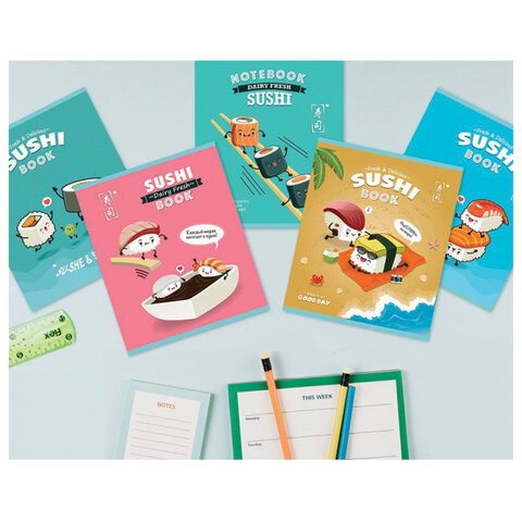 Тетрадь А5, 48 л., ПЗБМ, скоба, клетка, конгрев, выборочный TWIN лак, "Веселые Сушки" (5 видов), 028978 404460