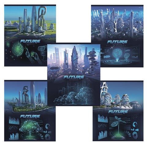 Тетрадь А5, 48 л., ПЗБМ, скоба, клетка, ламинация, фольга, выборочный лак, "Города будущего" (5 видов), 029623 404209