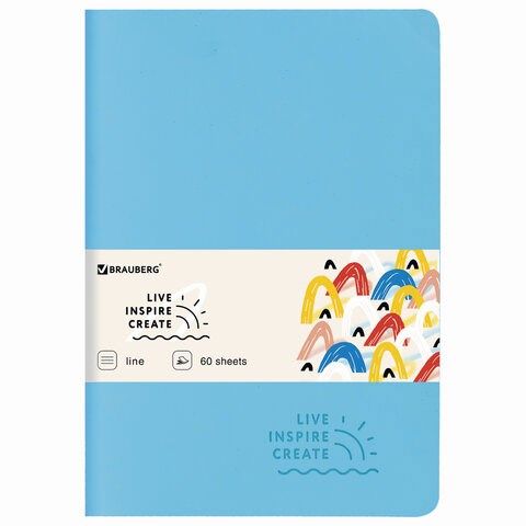 Тетрадь 60 л. в линию обложка кожзам SoftTouch, сшивка, B5 (179х250мм), ГОЛУБОЙ, BRAUBERG RAINBOW, 403886 403886