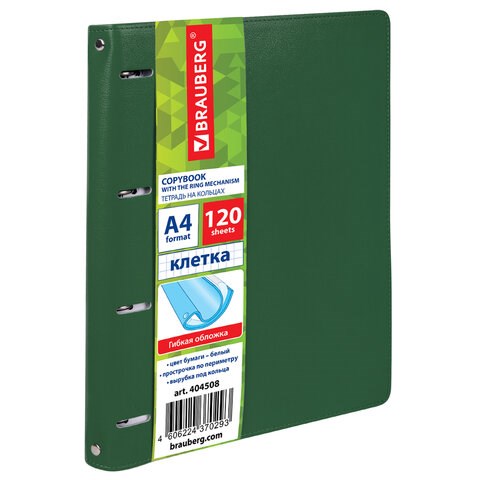 Тетрадь на кольцах БОЛЬШАЯ А4 (240х310 мм), 120 листов, под кожу, клетка, BRAUBERG "Joy", зелёный/светло-зелёный, 404508 404508