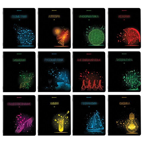 Тетради предметные, КОМПЛЕКТ 12 ПРЕДМЕТОВ, 48 листов, глянцевый УФ-лак, BRAUBERG, "DARK", 404028 404028