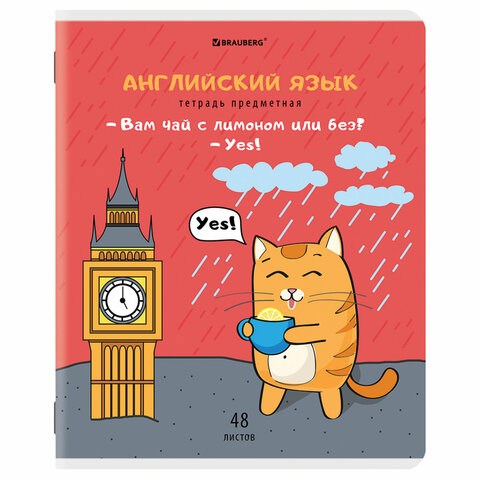 Тетрадь предметная "КОТ-ЭНТУЗИАСТ" 48 л., TWIN-лак, АНГЛИЙСКИЙ ЯЗЫК, клетка, подсказ, BRAUBERG, 404558 404558