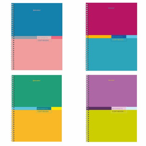 Тетрадь А4, 80 л., BRAUBERG, гребень, клетка, обложка твердая, "Color", 404055 404055