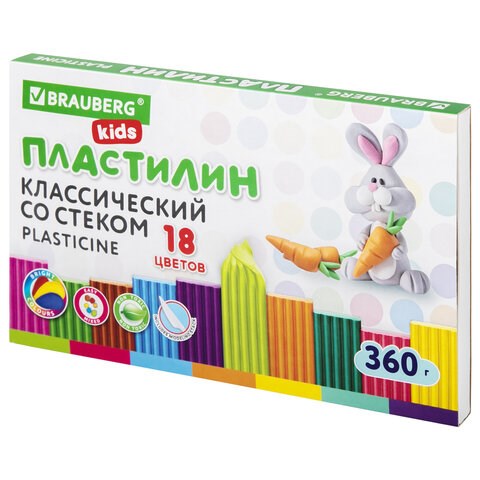 Пластилин классический BRAUBERG KIDS, 18 цветов, 360 г, со стеком, 106510 106510