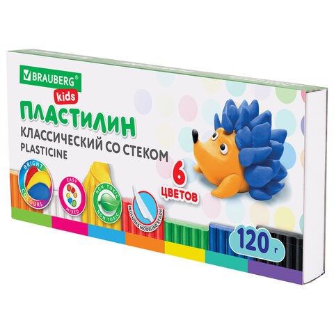 Пластилин классический BRAUBERG KIDS, 6 цветов, 120 г, стек, ВЫСШЕЕ КАЧЕСТВО, 106435 106435