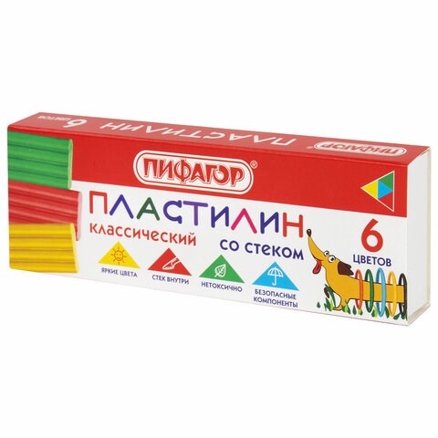 Пластилин классический ПИФАГОР "Веселая такса", 6 цветов, 90 г, СО СТЕКОМ, 106674 106674