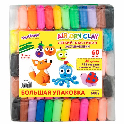 Пластилин супер легкий воздушный 60 штук (36 цветов + 12х2 базовых), 600 г, 3 стека, ЮНЛАНДИЯ, 106981 106981